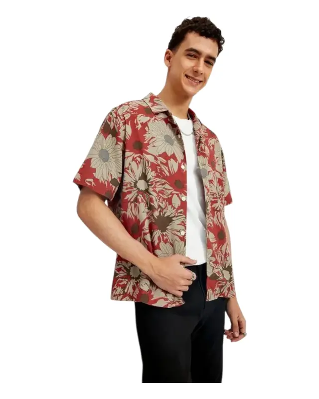 Men's Resort Collar Floral Relaxed Fit Linen Shirt